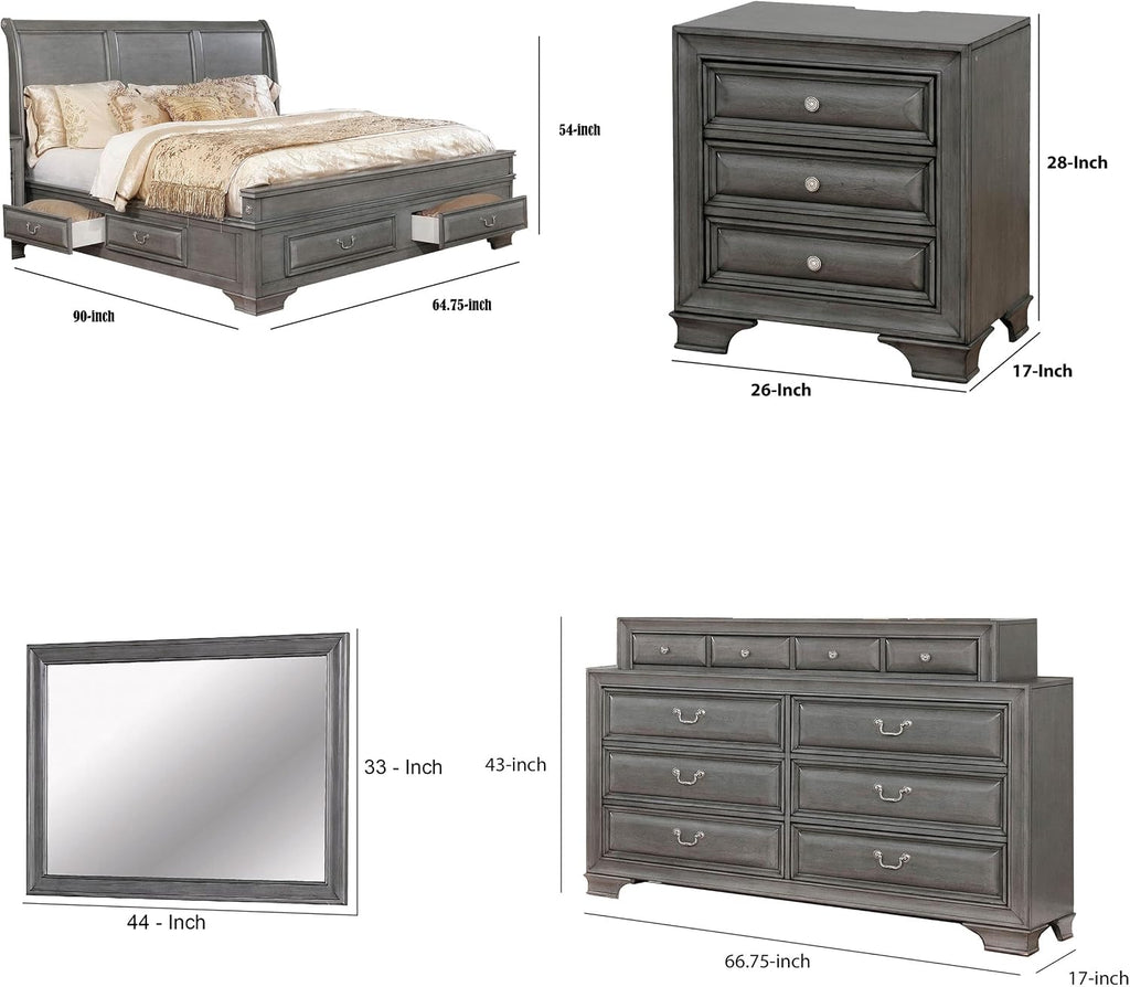 Benjara Lio Four PC Queen Size Bedroom Set- Gray Wood Inlay Design- Nickel