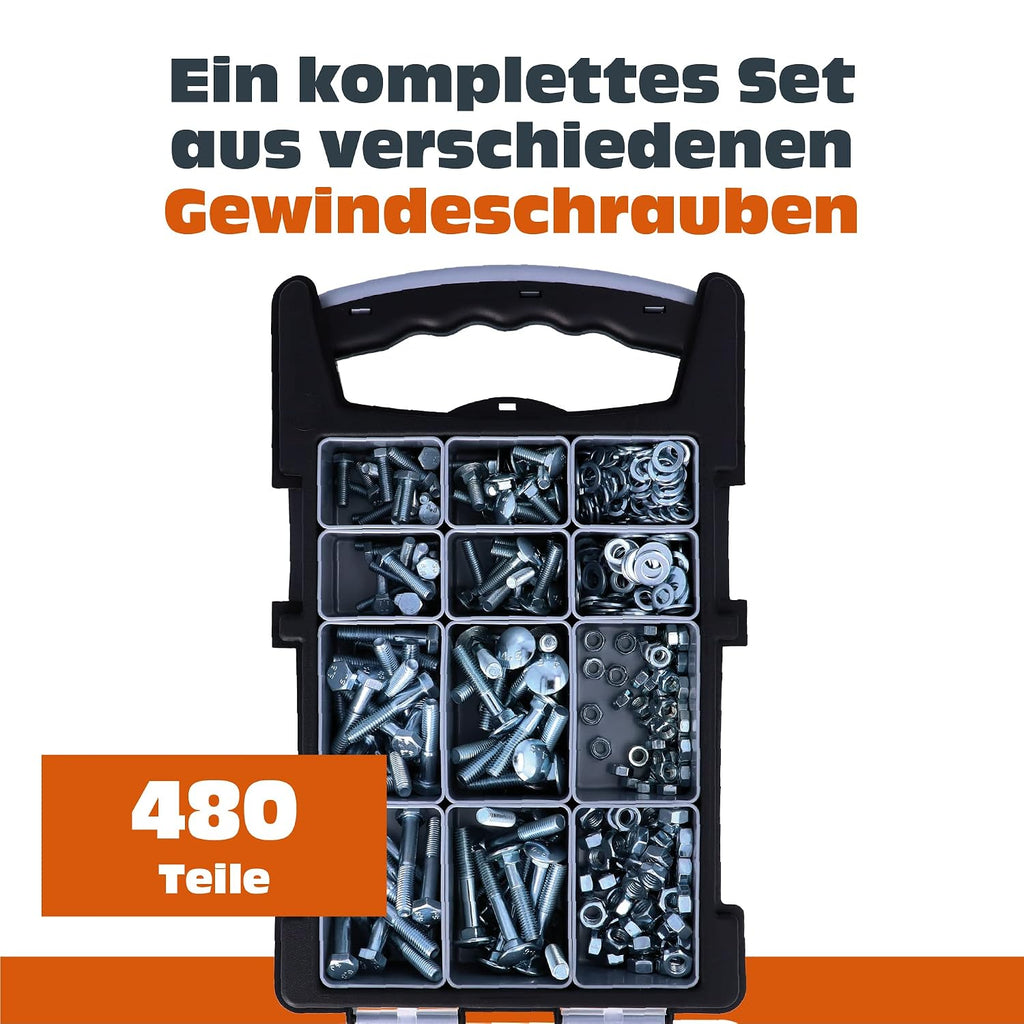 HELPMATE Box with Threaded Screws Set - Total of 480 Washers, Nuts Set, Washers, Hex Nuts, Carriage Bolts, Metric Screws with Round Head