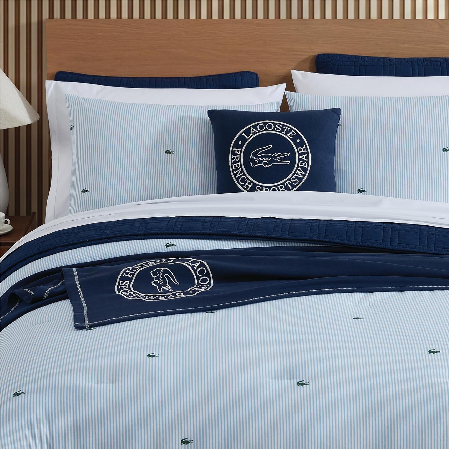 Lacoste Pinstripe Croc Comforter Set, 100% Percale Cotton 180TC, Breathable All Season Bedding with Embroidered Crocodile Logo, Blue, Full/Queen