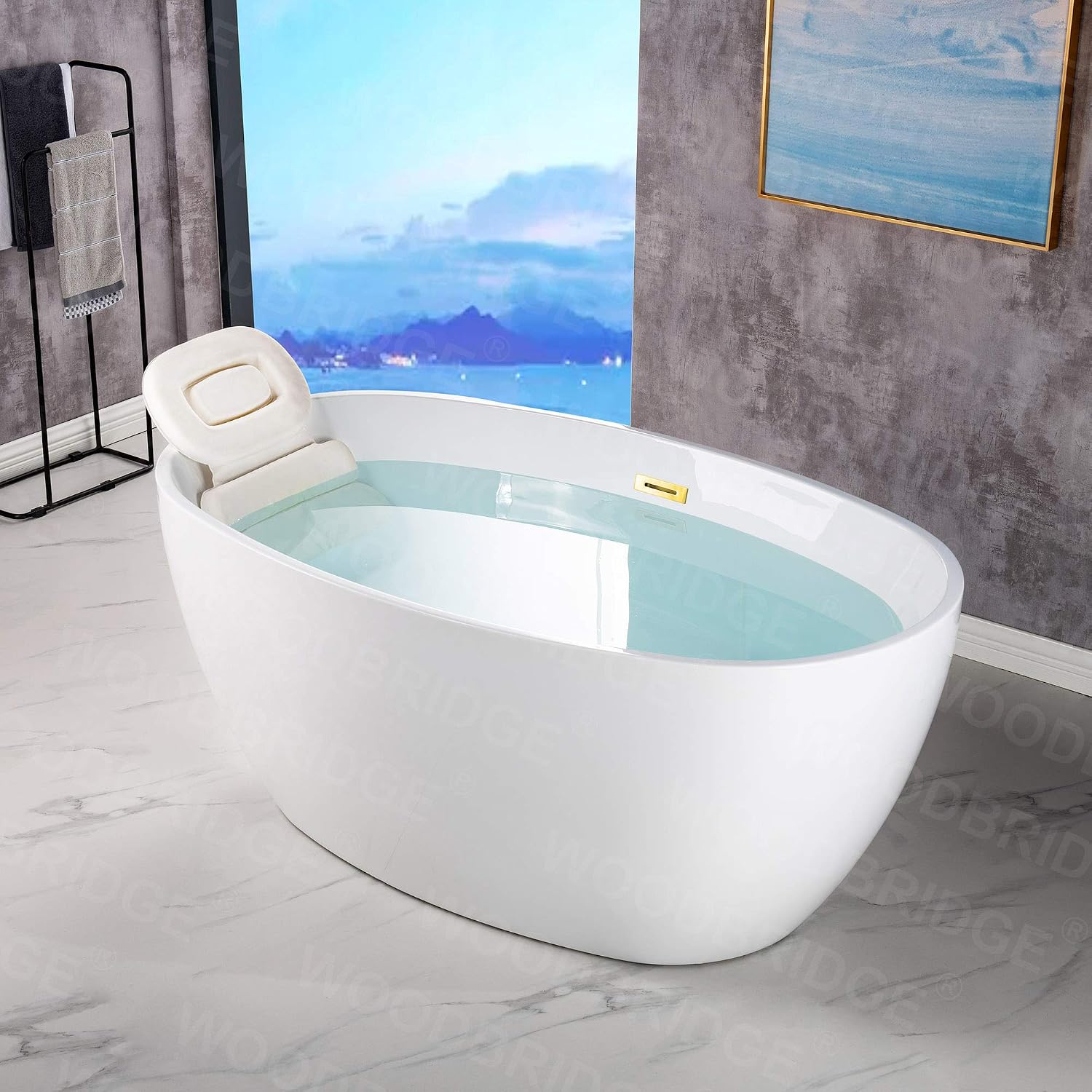 WOODBRIDGE 55' Acrylic Freestanding Bathtub Contemporary Soaking White Tub with Brushed Gold Overflow and Drain,B1418-BG
