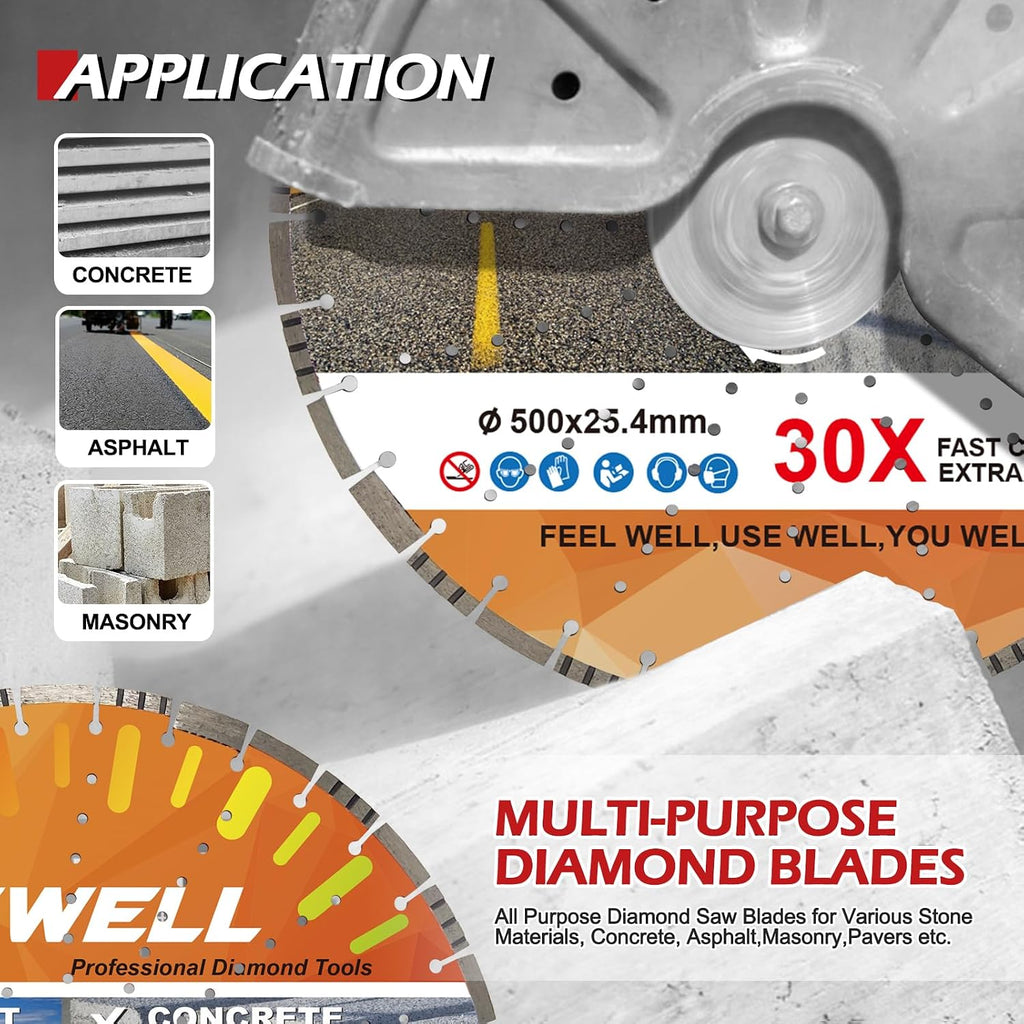 FEWELL 20' Concrete Diamond Saw Blade,Asphalt Diamond Blade Multi-Purpose for Cutting Hard Reinforced Concrete Asphalt Masonry Stone Terrazzo, Laser-Welded Segmented, 1'-20mm Arbor