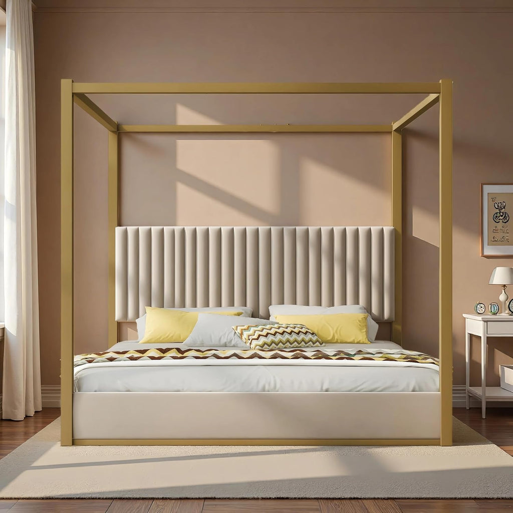 LUMISOL King Size Metal Canopy Bed Frame, 4 Poster Bed with Tall Upholstered Headboard, Velvet Upholstered Canopy Platform Bed, No Box Spring Needed, Beige + Gold