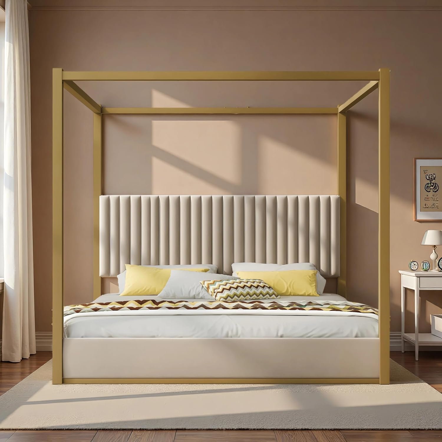 LUMISOL King Size Metal Canopy Bed Frame, 4 Poster Bed with Tall Upholstered Headboard, Velvet Upholstered Canopy Platform Bed, No Box Spring Needed, Beige + Gold