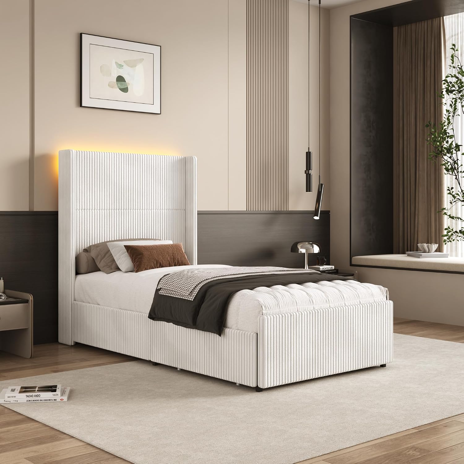 Hlivelood Twin Size Bed Frame with 52' Tall Corduroy Wingback Headboard, Upholstered Platform Bed with 2 Storage Drawers & LED Lights, Vertical Stripes, No Box Spring Needed, Noise-Free, Cream