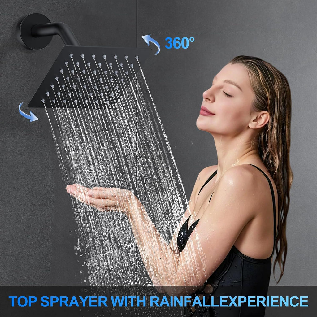 Shower Faucet Set, 12' Ceiling Mount Rainfall Shower System with 12'' Top Head+6'' Side Head and Multi-function Handheld Head Push Button Diverter Shower Faucet Trim Kit (12', Matte Black)