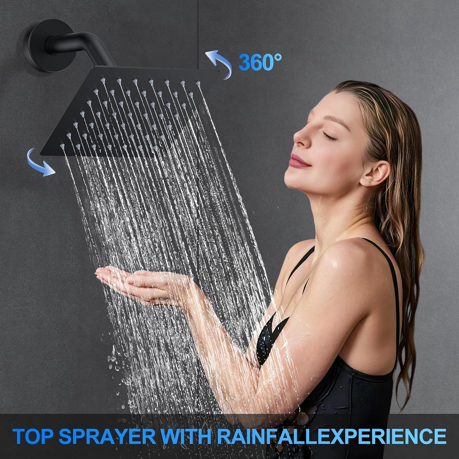 Shower Faucet Set, 12' Ceiling Mount Rainfall Shower System with 12'' Top Head+6'' Side Head and Multi-function Handheld Head Push Button Diverter Shower Faucet Trim Kit (12', Matte Black)
