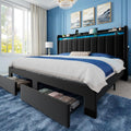 Allewie King Size Bed Frame with 2-Tier LED Storage Headboard, Velvet Upholstered King Platform Bed with 2 Storage Drawers, USB & Type-C Charging Ports, Noise-Free/No Box Spring Needed, Black