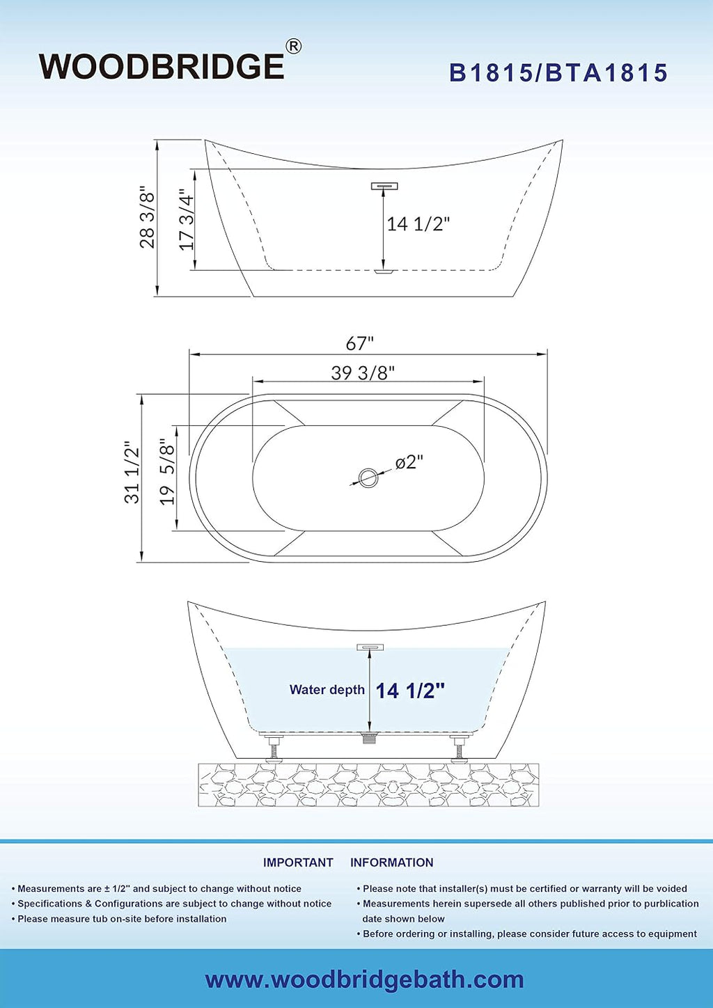 WOODBRIDGE B1815 B/N-Drain &O Bathtub, Black/Brushed Nickel