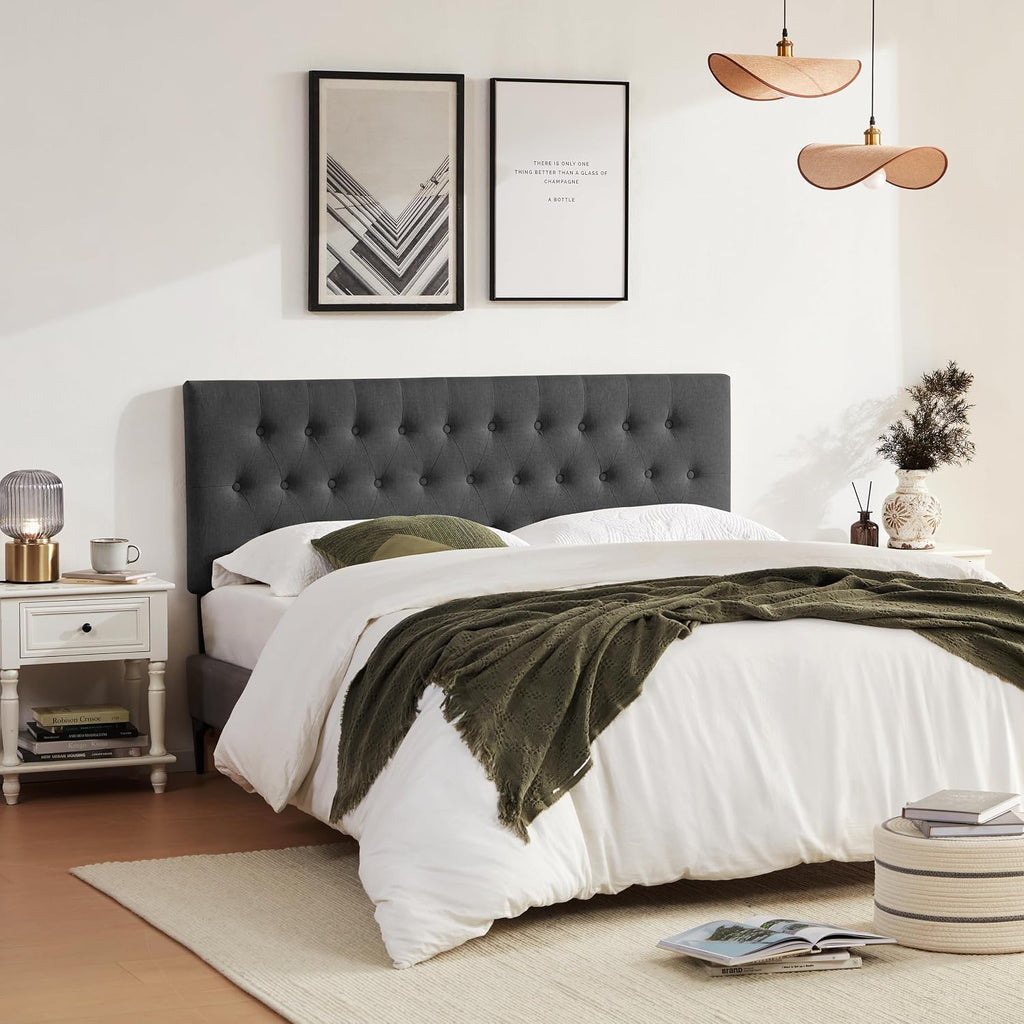 Huatean Home Tufted Upholstered Headboard King Size, Solid Wood Head Board with Durable Metal Legs, Adjustable Height Bed headboard from 37' to 51' Fabric Headboard in Modern Button Design (Black)