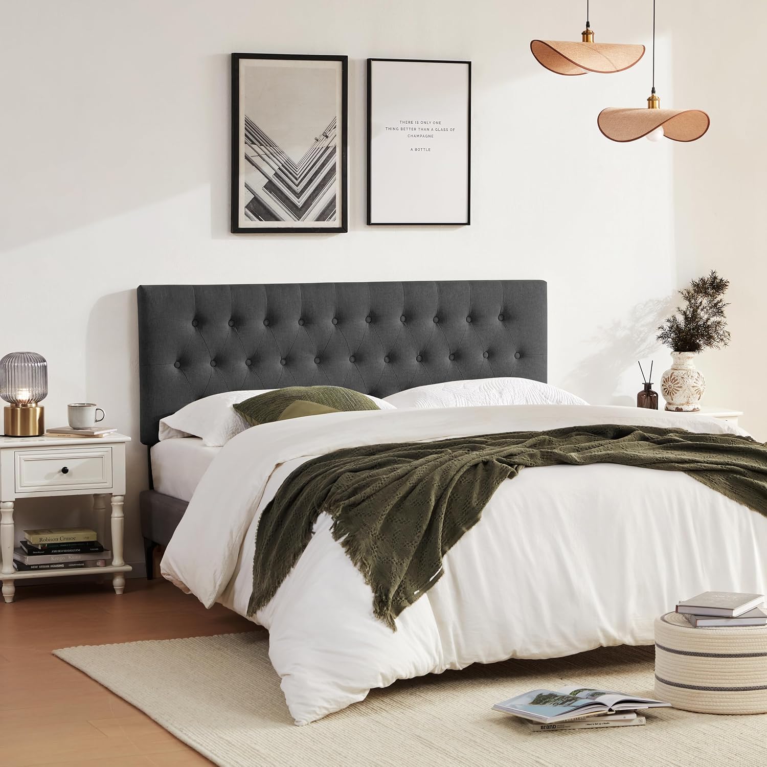 Huatean Home Tufted Upholstered Headboard King Size, Solid Wood Head Board with Durable Metal Legs, Adjustable Height Bed headboard from 37' to 51' Fabric Headboard in Modern Button Design (Black)