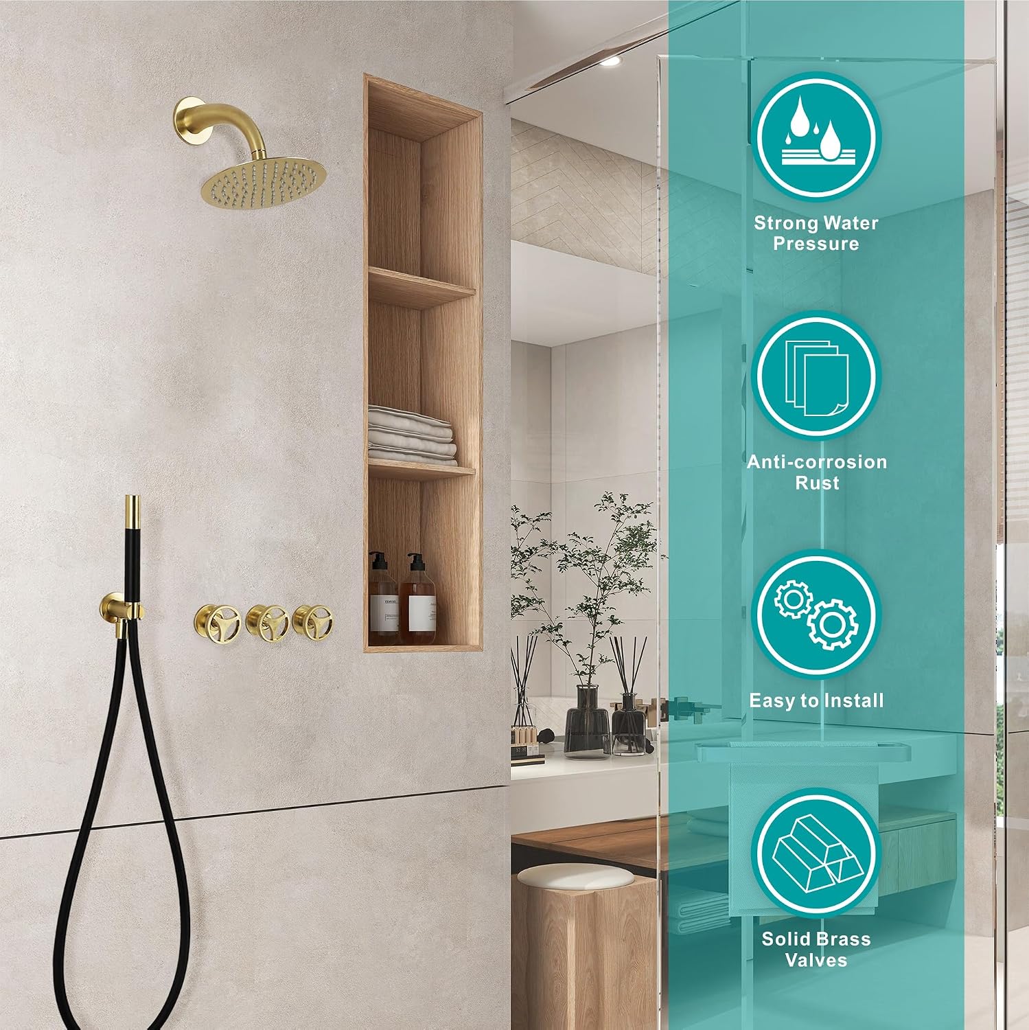 SKOWLL Rainfall Shower Faucet Set 3 Handle Shower Fixtures System Wall Mount 10 Inch Bathroom Shower Head Kit with 2 Function Shower Valve, Brushed Gold