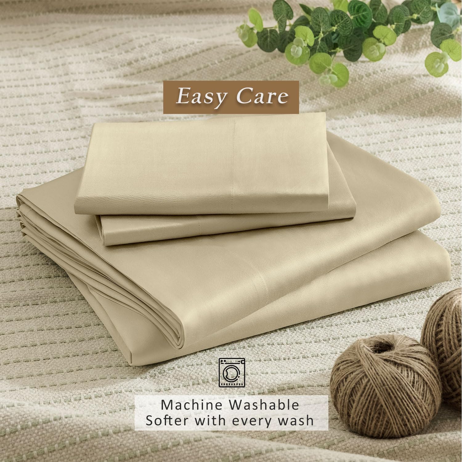 TOSMO Luxury Cooling Sheet Set | 100% Viscose from Organically Grown Bamboo | FSC® Certified | Queen Size | 18' Deep Pockets | Silky Soft Natural Bedding for Hot Sleeper [Dune]
