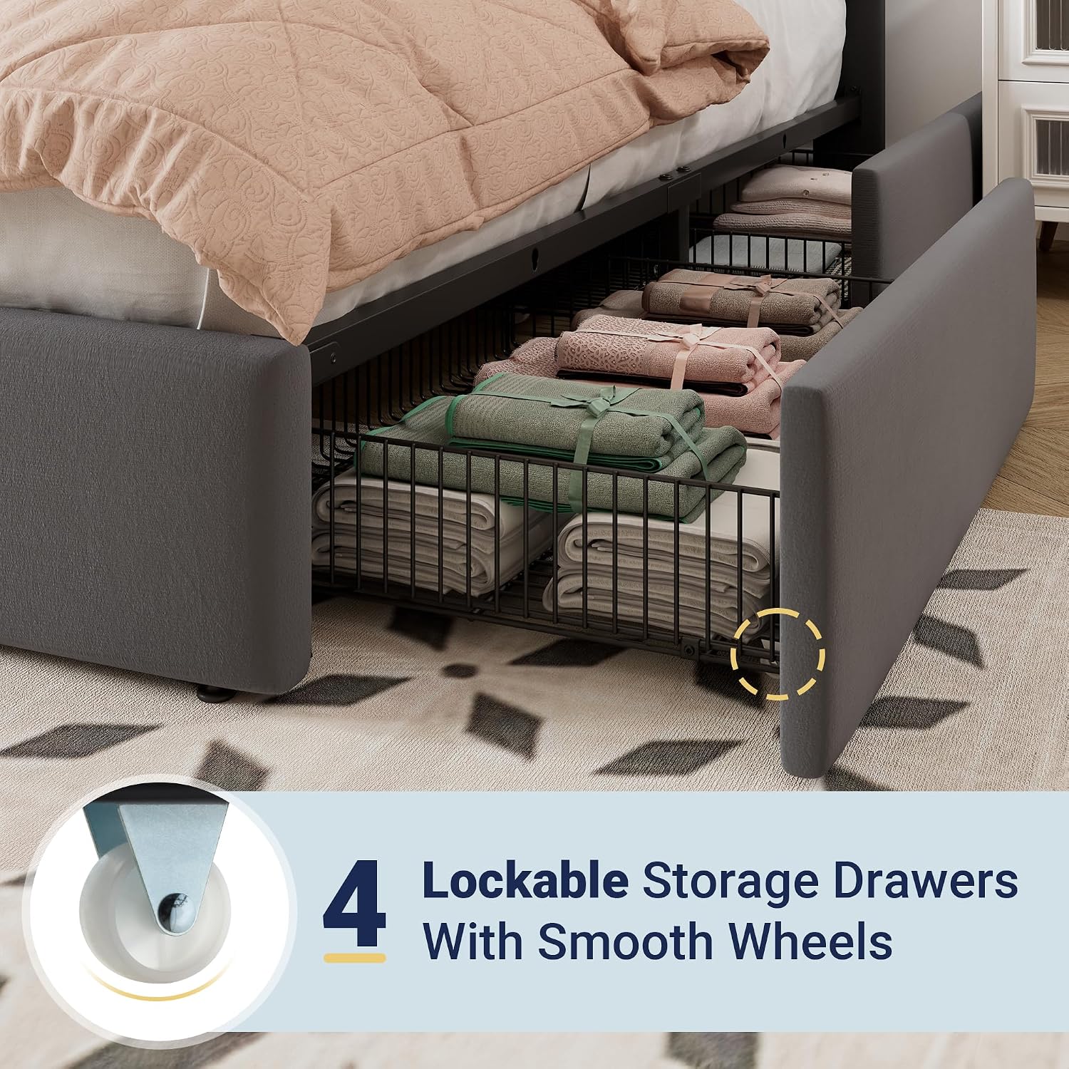 Allewie King Size Storage Bed Frame, Vertical Channel Tufted Adjustable Headboard, Velvet Upholstered Platform Bed with 4 Oversized Underbed Drawers, Wooden Slats Support, No Box Spring Needed, Grey