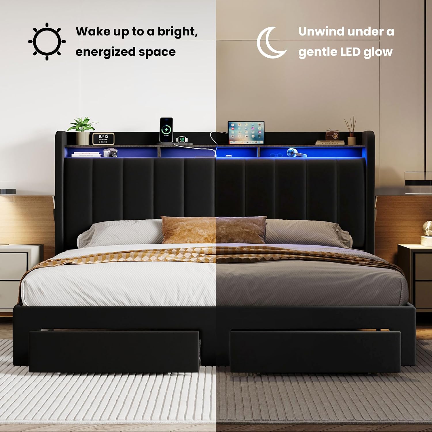 SHA CERLIN Velvet King Size Bed Frame with Vertical Channel Tufted Wingback Headboard & 2 Storage Drawers/2-Tier Shelves with LED Lights & Charging Station/Noise-Free/No Box Spring Needed/Black