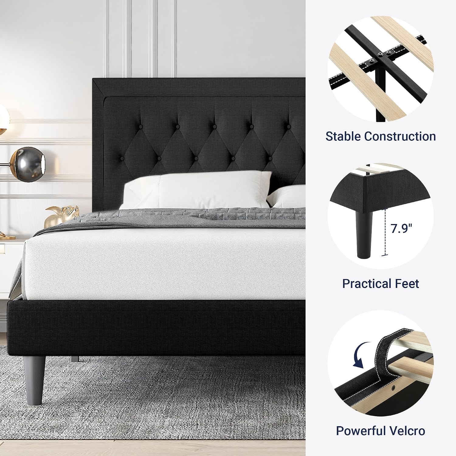 Allewie Queen Size Upholstered Platform Bed Frame with Adjustable Headboard, Button Tufted, Wood Slat Support, Easy Assembly, Black
