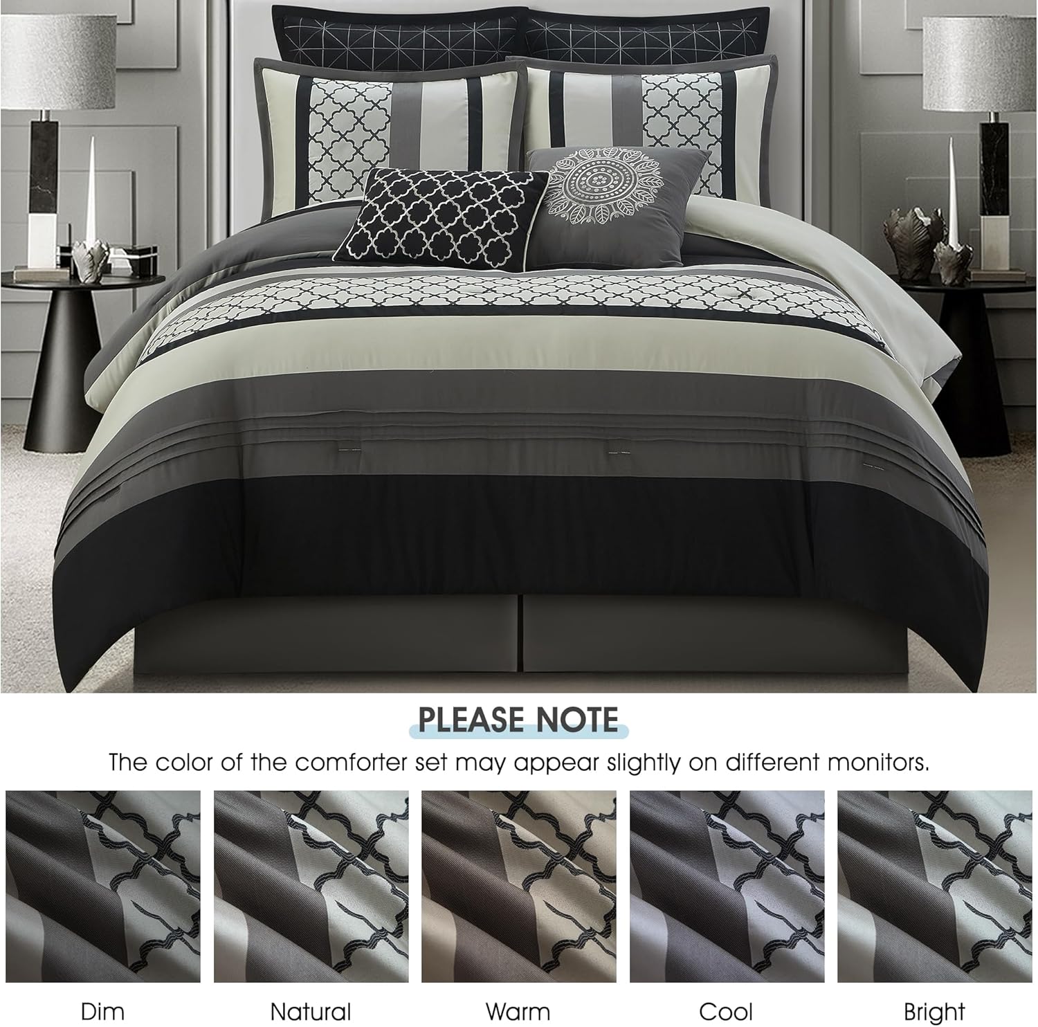 LANCO MODERN LIFESTYLE Queen Comforter Set, Black Gray Bedding Set, Jacquard Woven with Embroidery, 8 Pieces Bed in a Bag, Bed Skirt, Shams and Decorative Pillows