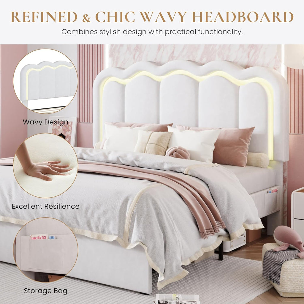SHA CERLIN Upholstered Queen Size Bed Frame with LED Lights and Large Storage Drawer, Velvet Platform Bed with Adjustable Wavy Headboard, Noise Free, Easy Assembly, No Box Spring Needed, Soft White