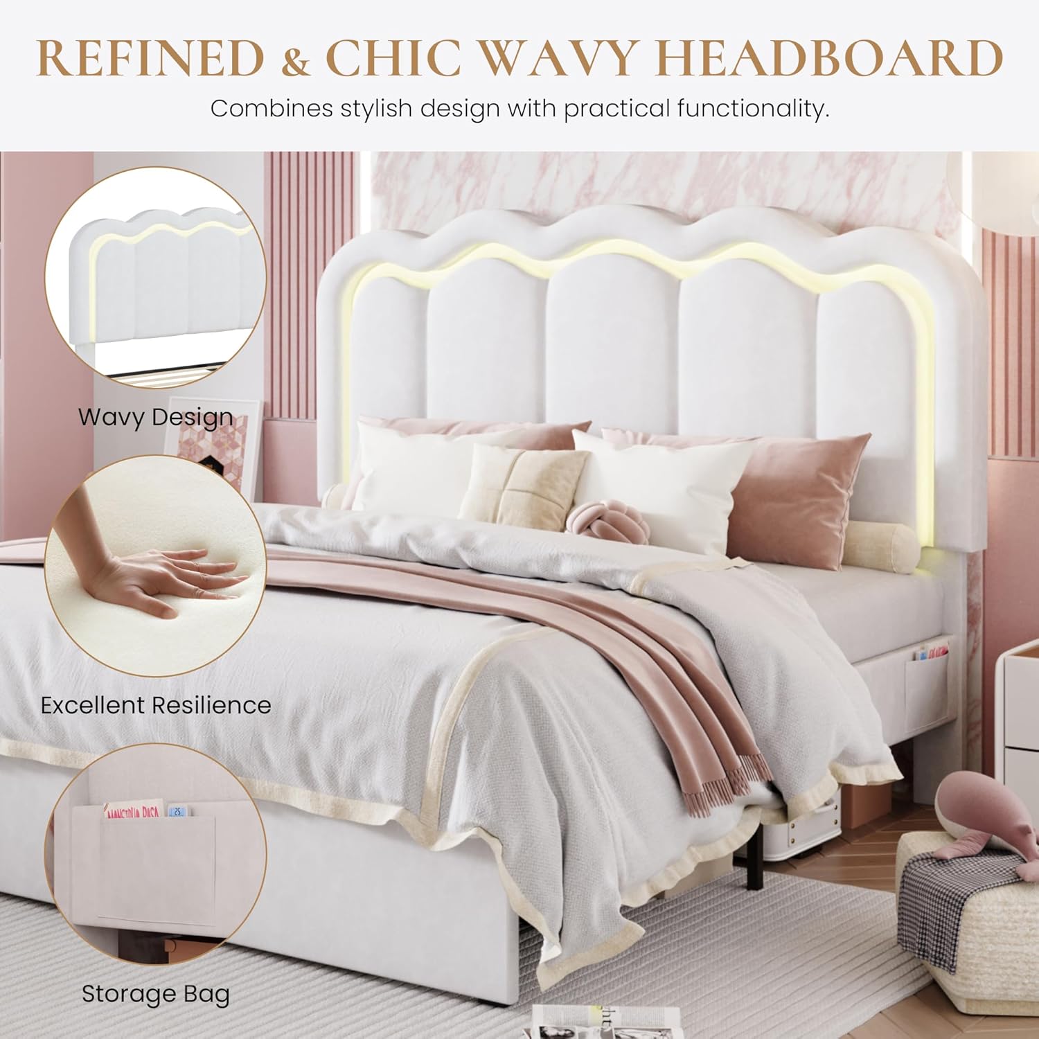 SHA CERLIN Upholstered Queen Size Bed Frame with LED Lights and Large Storage Drawer, Velvet Platform Bed with Adjustable Wavy Headboard, Noise Free, Easy Assembly, No Box Spring Needed, Soft White