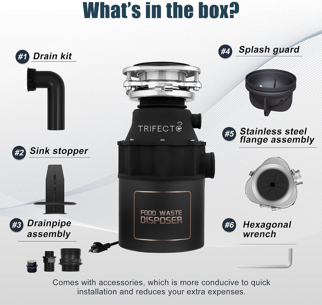 Trifecte Garbage Disposal 1/2 HP for Sink, Continuous Feed Food Waste Disposer with Power Cord, Faster and Powerful 0.5 HP Kitchen Waste Grinder with Dishwasher Hookup, Matte Black