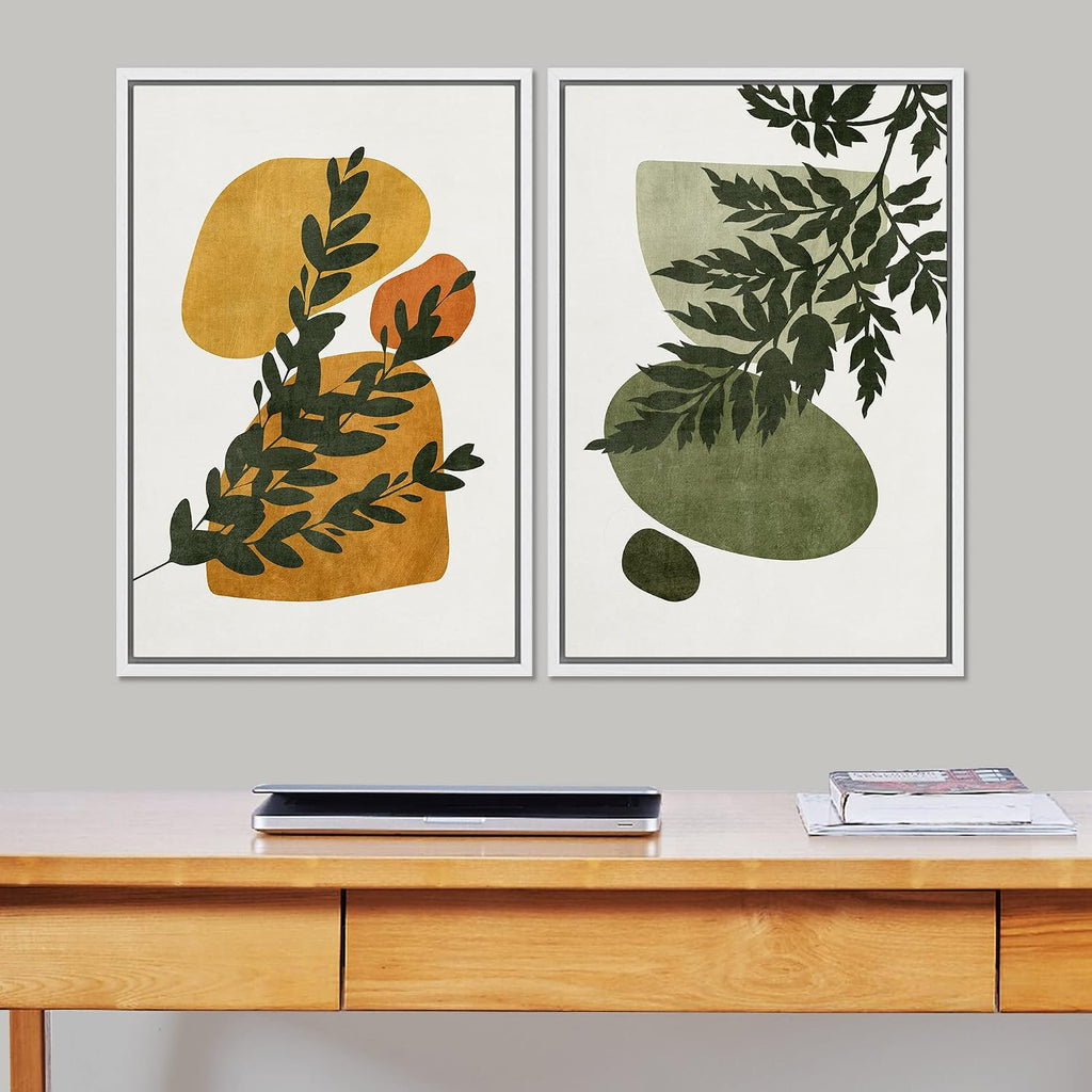 SIGNFORD Framed Canvas Print Wall Art Set Mid-Century Forest Fern Leaf Collage Abstract Shapes Illustration Modern Art Decorative Nordic Nature for Living Room, Bedroom, Office - 24'x36'x2 White