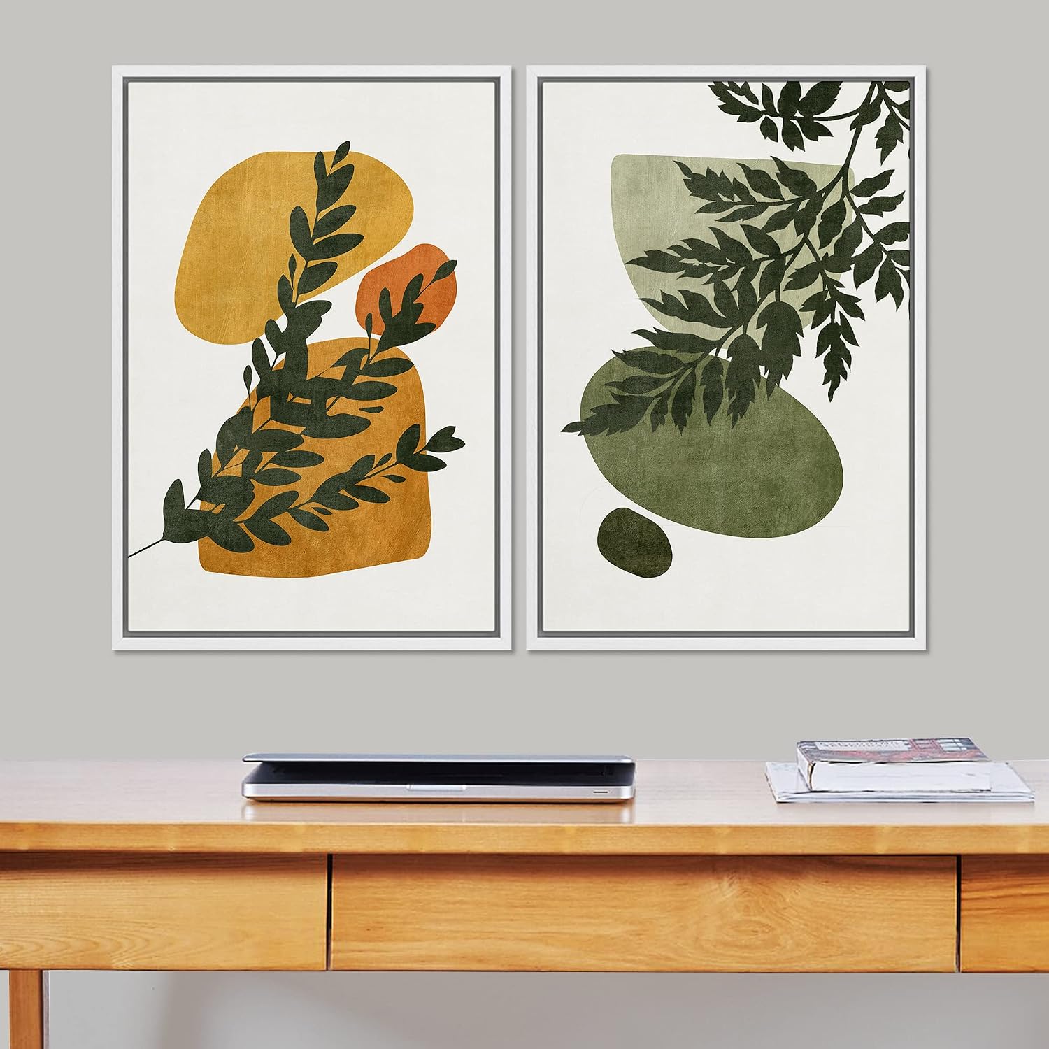 SIGNFORD Framed Canvas Print Wall Art Set Mid-Century Forest Fern Leaf Collage Abstract Shapes Illustration Modern Art Decorative Nordic Nature for Living Room, Bedroom, Office - 24'x36'x2 White