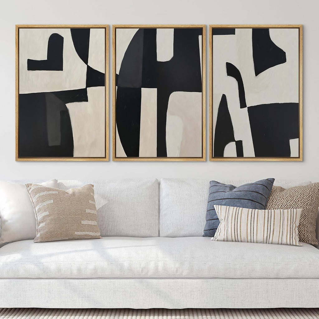 SIGNLEADER Framed Canvas Print Wall Art Set Black and Beige Abstract Shapes Modern Geometric Illustrations Boho Decorative for Living Room, Bedroom, Office - 24'x36'x3 Natural