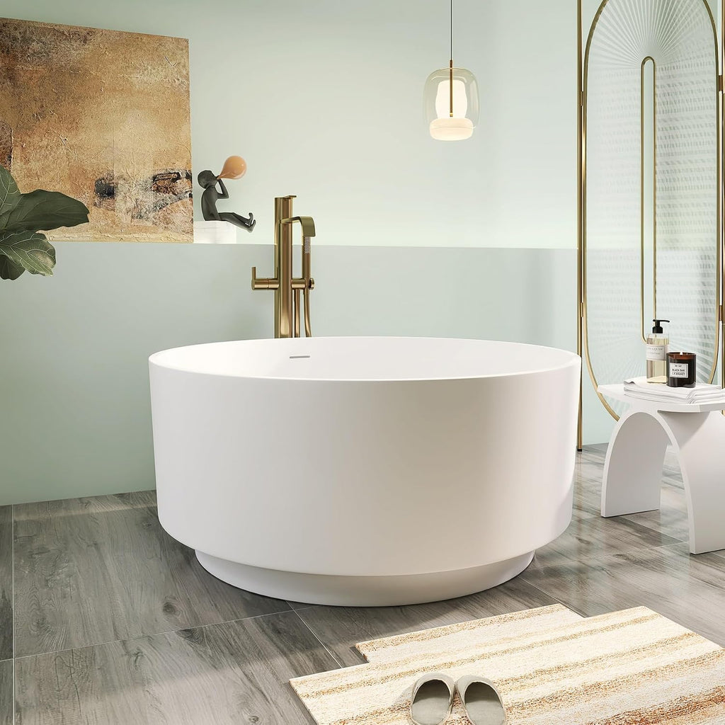 49' Premium Solid Surface Freestanding Bathtub, Upgraded Round Soaking Deep Stone Resin Tub with Overflow and Pop-up Drain, Matte White