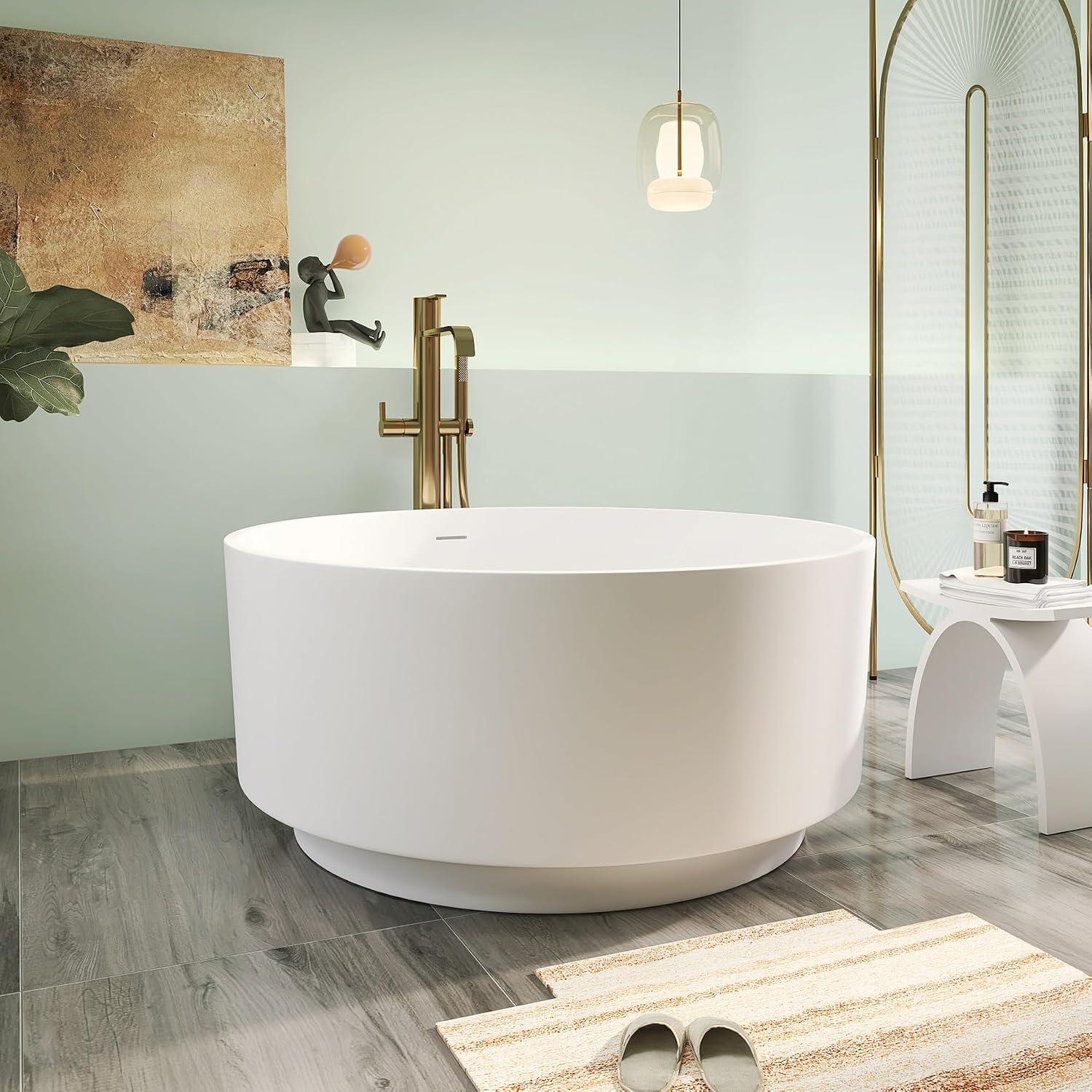 49' Premium Solid Surface Freestanding Bathtub, Upgraded Round Soaking Deep Stone Resin Tub with Overflow and Pop-up Drain, Matte White