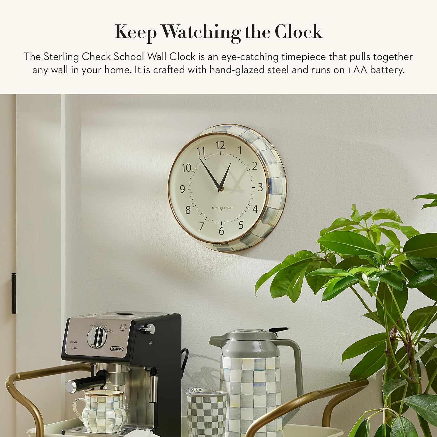 MACKENZIE-CHILDS Wall Clock, Decorative Clock for Kitchen and Living Room, Gray-and-White Sterling Check