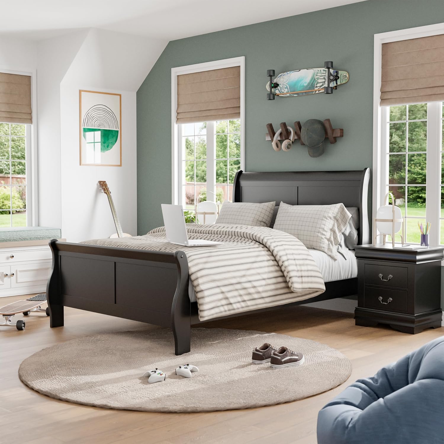 Furniture of America Louis Phillipe Traditional Wood Twin Bed Frame with Headboard and Footboard, Elegant Sleigh Design Bedframe for Bedroom, Guest Room, Easy Assembly, Box Spring Required, Black