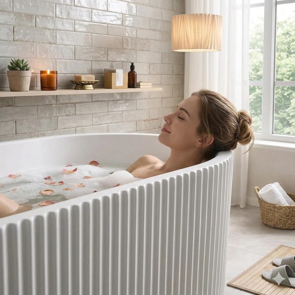 59' Acrylic Freestanding Soaking Bathtub, Deep Ergonomic Design with Lumbar Support, Integrated Overflow Drain, Non-Slip Base,cUPC Certified Modern Bathroom Tub, Easy Installation for Bathroom