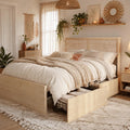 Brafab Natural Rattan Full Size Bed Frame with Wooden Headboard and 4 Storage Drawers, Boho Light Oak Bedframe Cane Wood Metal Platform Beds with Strong Wooden Slat, Noise Free, No Box Spring Needed