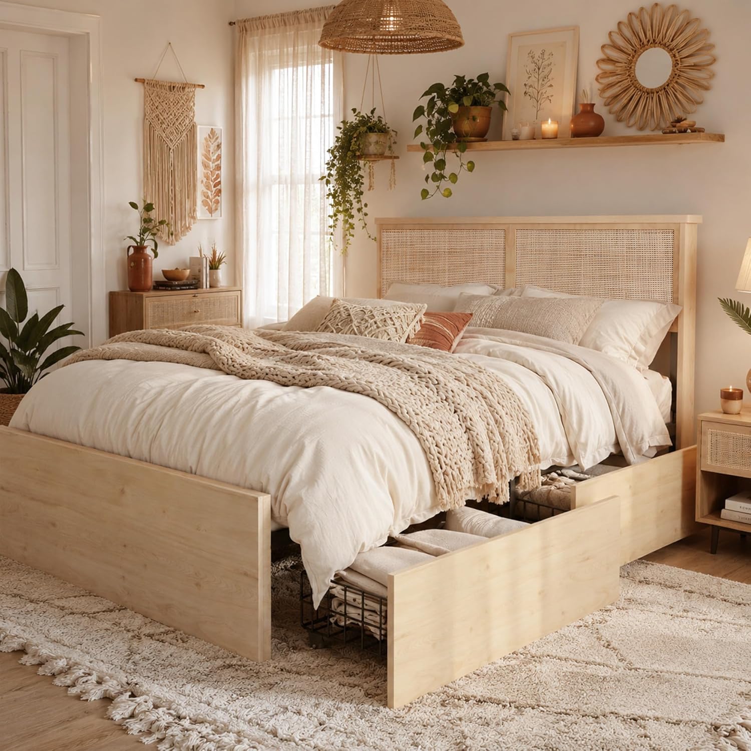 Brafab Natural Rattan Full Size Bed Frame with Wooden Headboard and 4 Storage Drawers, Boho Light Oak Bedframe Cane Wood Metal Platform Beds with Strong Wooden Slat, Noise Free, No Box Spring Needed