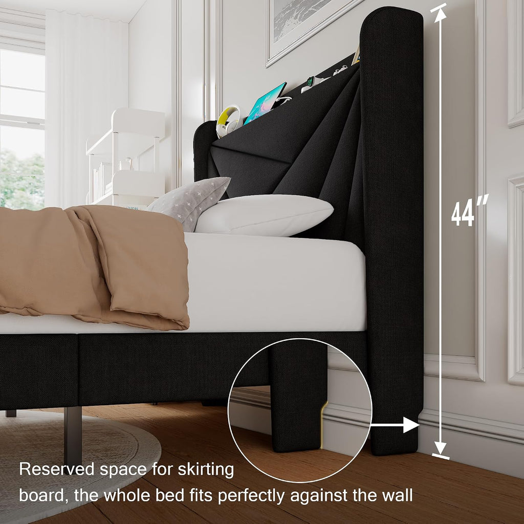 Einhomn Twin Size Upholstered Bed Frame with Charging Station, Platform Bed Frame with Storage Headboard, Solid Wood Slats Support, No Box Spring Needed, Black