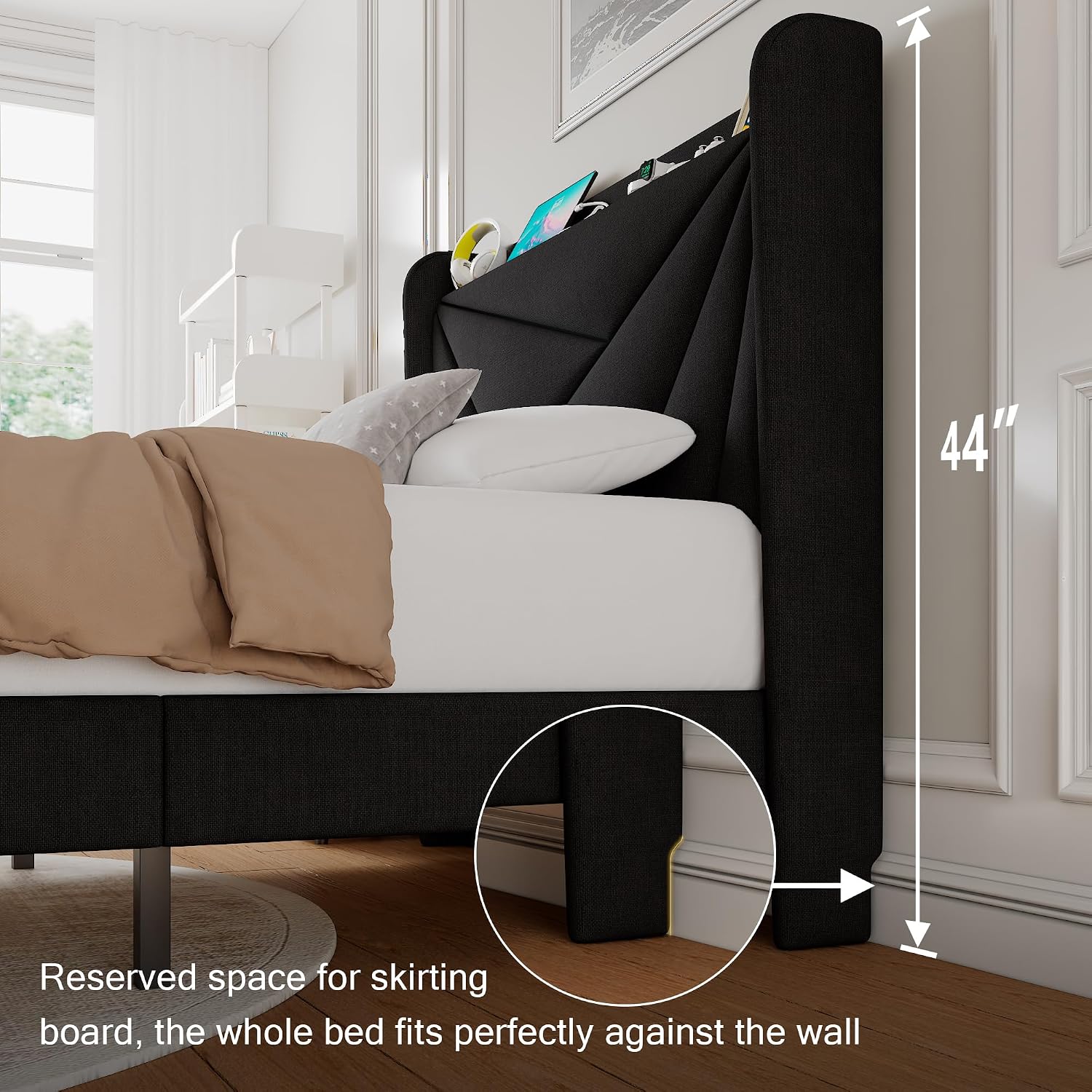 Einhomn Twin Size Upholstered Bed Frame with Charging Station, Platform Bed Frame with Storage Headboard, Solid Wood Slats Support, No Box Spring Needed, Black