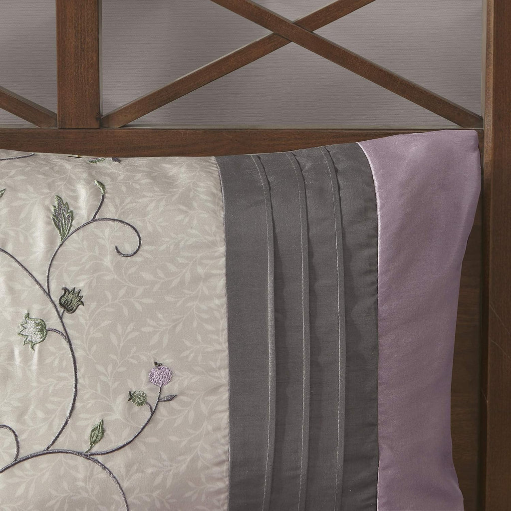 Madison Park Serene Faux Silk Comforter Set - Floral Embroidery Design, All Season Bedding Set, Matching Bed Skirt, Decorative Pillows, Purple Queen(90'x90') 7 Piece