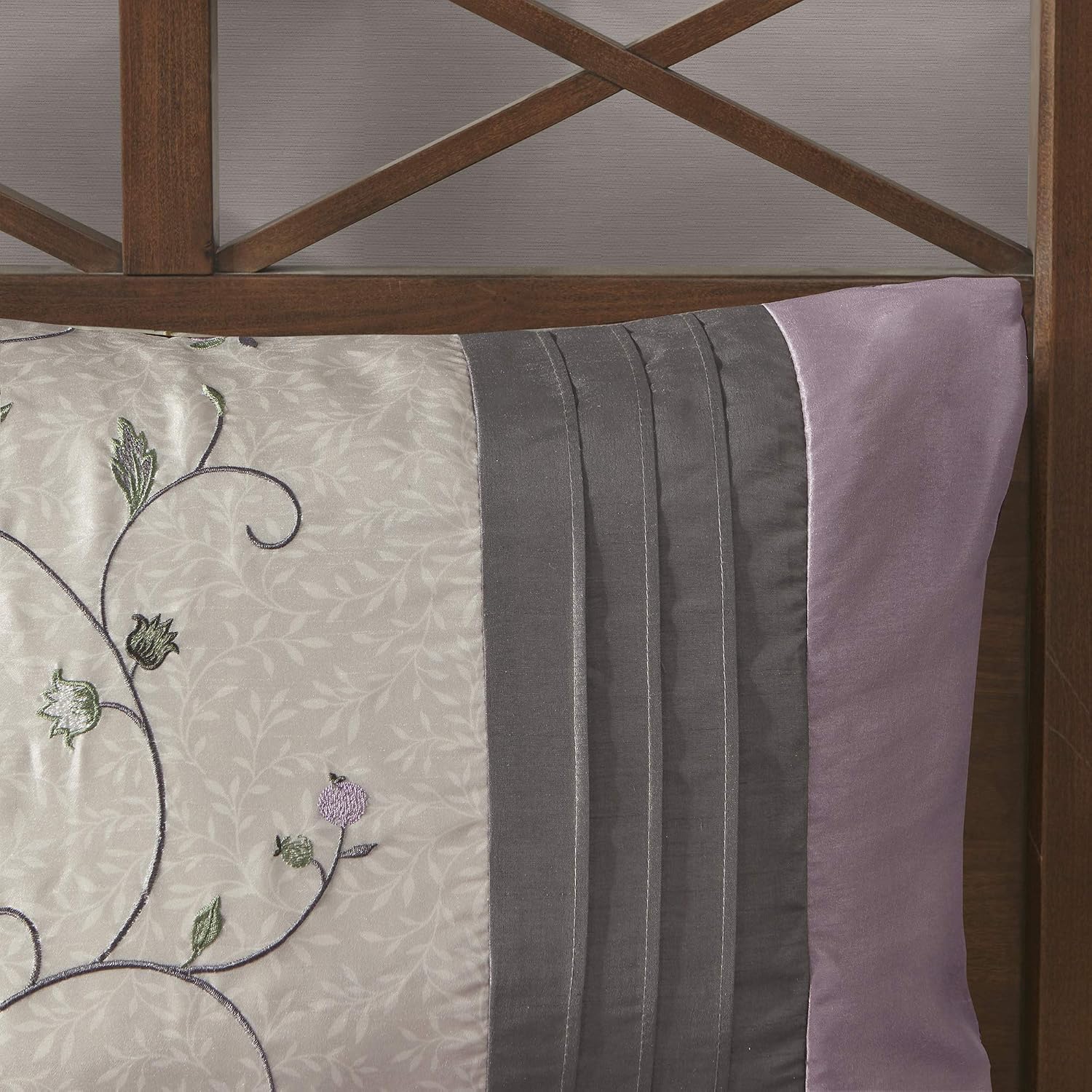 Madison Park Serene Faux Silk Comforter Set - Floral Embroidery Design, All Season Bedding Set, Matching Bed Skirt, Decorative Pillows, Purple Queen(90'x90') 7 Piece