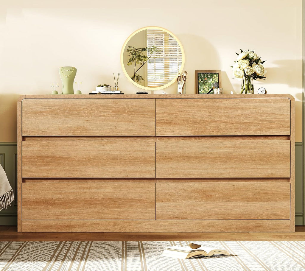 TEENFON 55' Dresser for Bedroom with 6 Drawers, Dressers & Chests of Drawers with Curved Profile Design, 6 Drawer Dresser, Bedroom Dressers, Wood Dressers for Bedroom, Hallway, Natural
