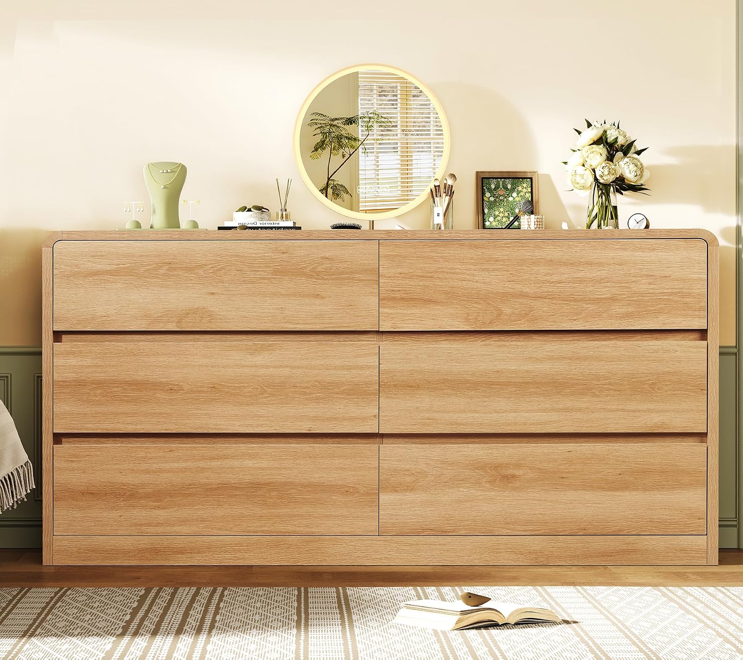 TEENFON 55' Dresser for Bedroom with 6 Drawers, Dressers & Chests of Drawers with Curved Profile Design, 6 Drawer Dresser, Bedroom Dressers, Wood Dressers for Bedroom, Hallway, Natural