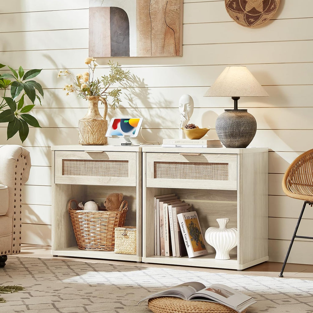 LEYAOYAO Rattan Dresser and Nightstand Set of 4, Boho Wood Dresser for Bedroom with 6 Drawers and Night Stand with Charging Station, Bedroom Furniture,Dressers & Chests of Drawers,Living Room,Hallway