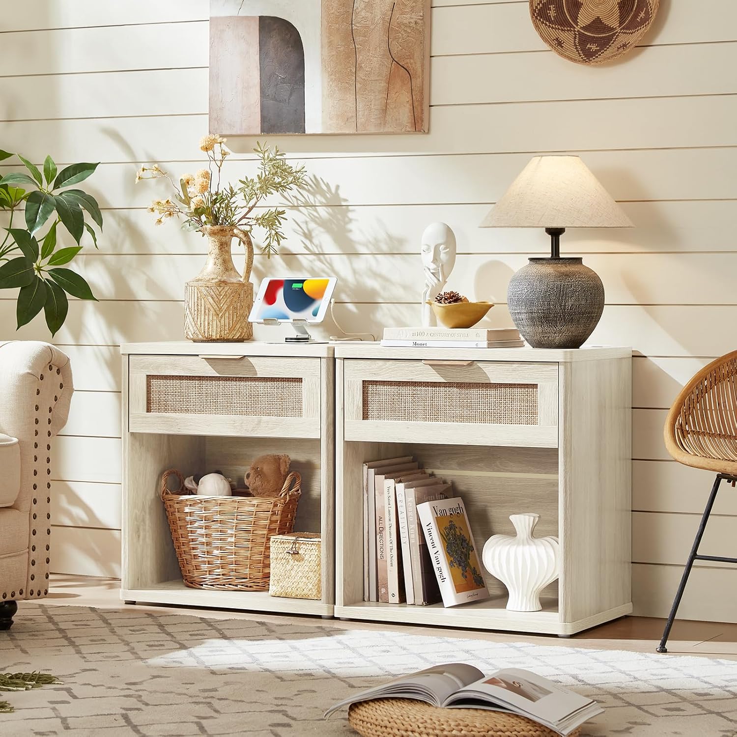 LEYAOYAO Rattan Dresser and Nightstand Set of 4, Boho Wood Dresser for Bedroom with 6 Drawers and Night Stand with Charging Station, Bedroom Furniture,Dressers & Chests of Drawers,Living Room,Hallway