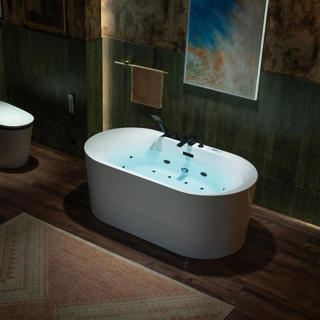 WOODBRIDGE 59' x 31-1/2' Whirlpool and Air Bath Heated Soaking Combination Tub with Adjustable Speed Air Blower, Tub Filler, and LED control panel, Matte Black Finish Trim and Drain Kit, BM100+F0051MB