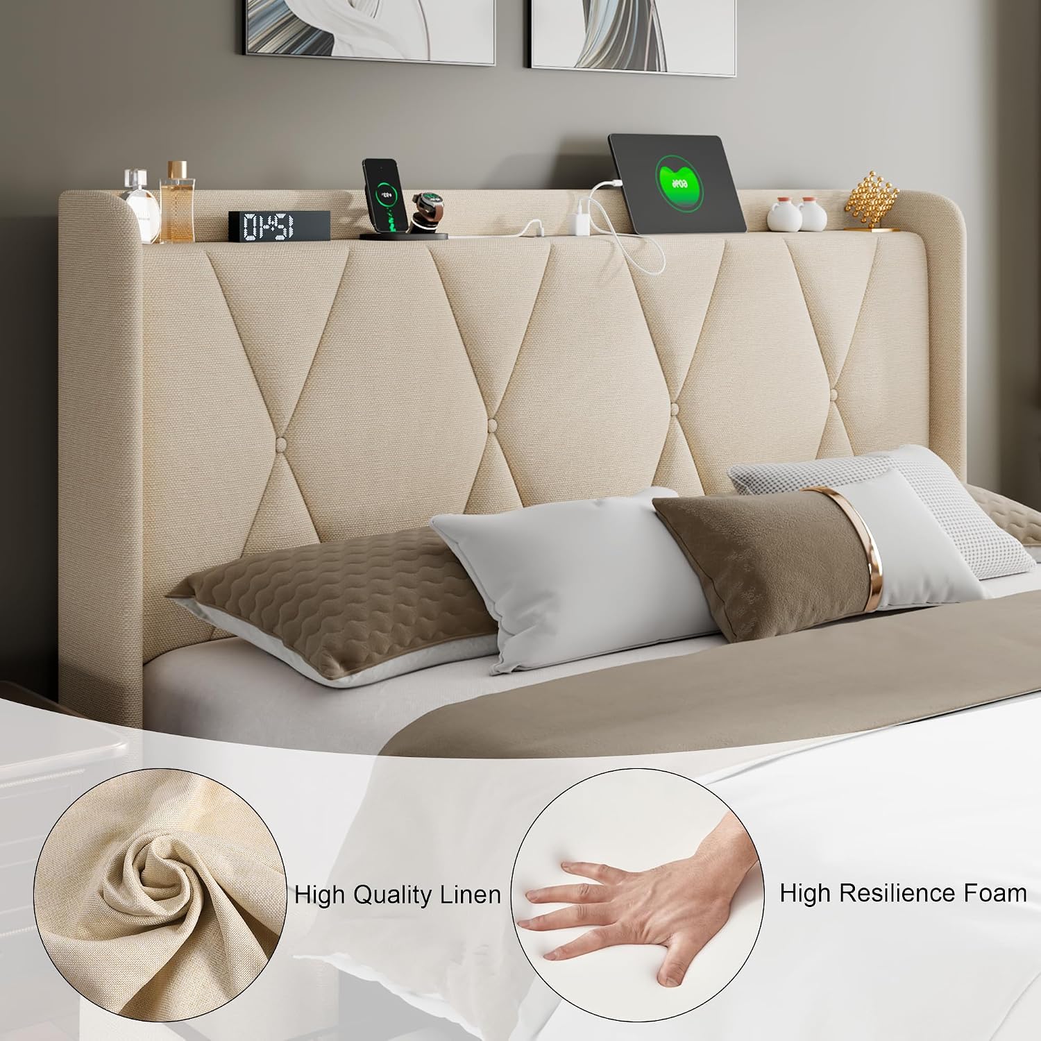 Feonase Queen Bed Frame with 4 Storage Drawers, Upholstered Button Tufted 4' Storage Headboard with Fast Charging Station, Heavy Duty Slats Support, No Box Spring Needed, Noise-Free, Beige