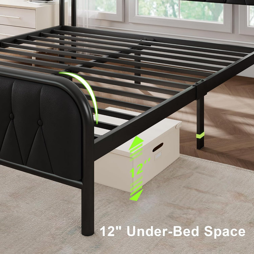 Queen Bed Frame with Fast Charging Station, Leather Queen Size Metal Platform Beds with Upholstered Headboard & Footboard,12' Underbed Storage Space,Easy Assembly,Noise-Free,Black