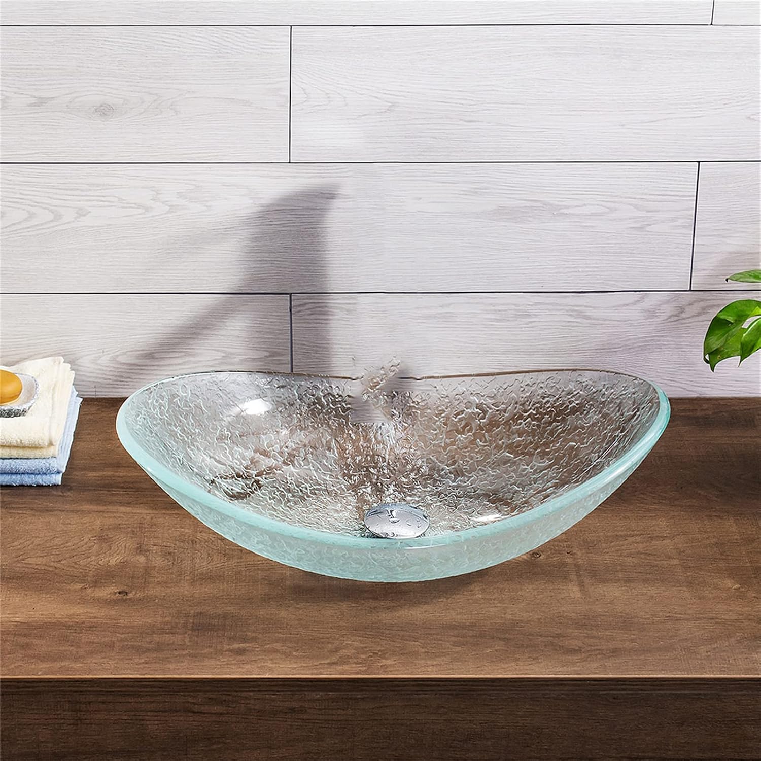Tempered Glass Vessel Bowl Sink, Top Mount Installation Bathroom Sinks Above Counter, Oval Boat Vanity Countertop Sink Bowl with Chrome Faucet,Single Basin Set (Single Basin)