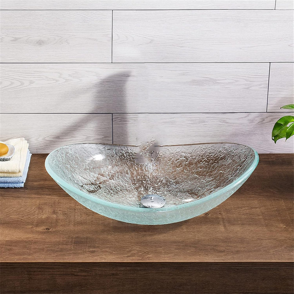 Tempered Glass Vessel Bowl Sink, Top Mount Installation Bathroom Sinks Above Counter, Oval Boat Vanity Countertop Sink Bowl with Chrome Faucet,Single Basin Set (Single Basin Set)