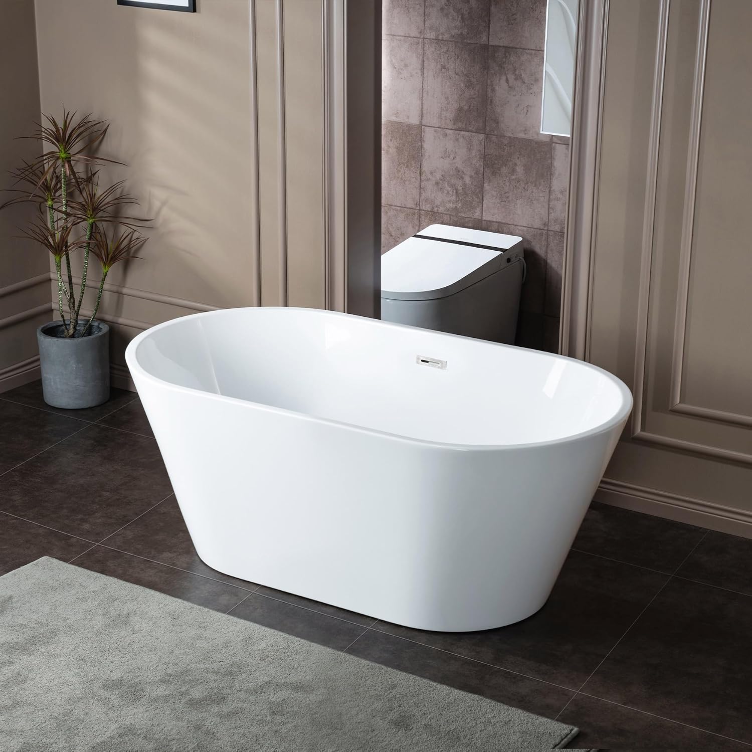 WOODBRIDGE 59' Acrylic Freestanding Bathtub Contemporary Soaking White Tub with Chrome Overflow and Drain