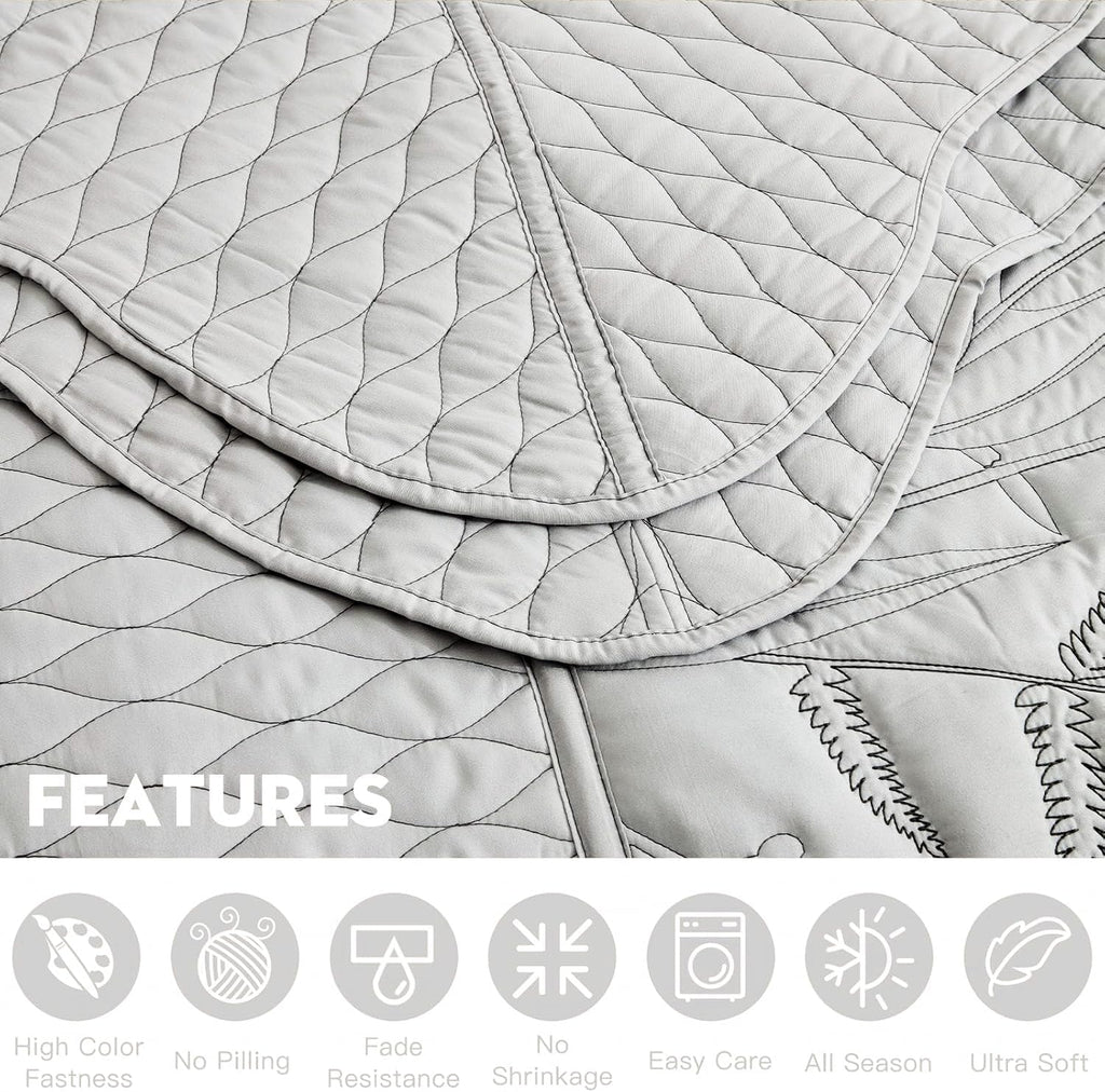 DaisyHuang Botanical Oversized Bedspread Queen Size - Leaves Pattern Stitching Quilt Set - Elegant & Fresh Style Bedding Coverlets, Reversible, Lightweight, 5 Piece, Grey