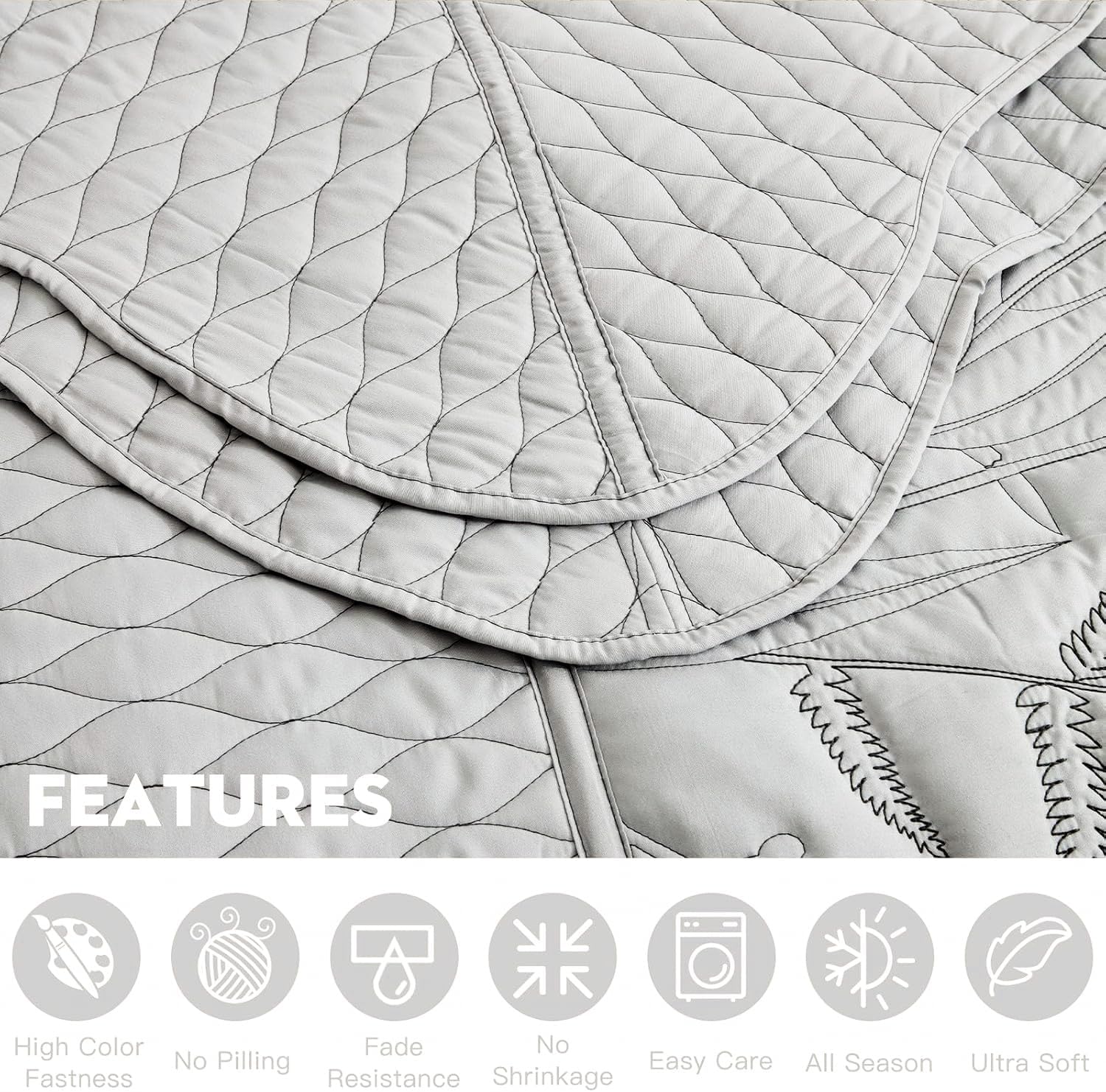 DaisyHuang Botanical Oversized Bedspread Queen Size - Leaves Pattern Stitching Quilt Set - Elegant & Fresh Style Bedding Coverlets, Reversible, Lightweight, 5 Piece, Grey