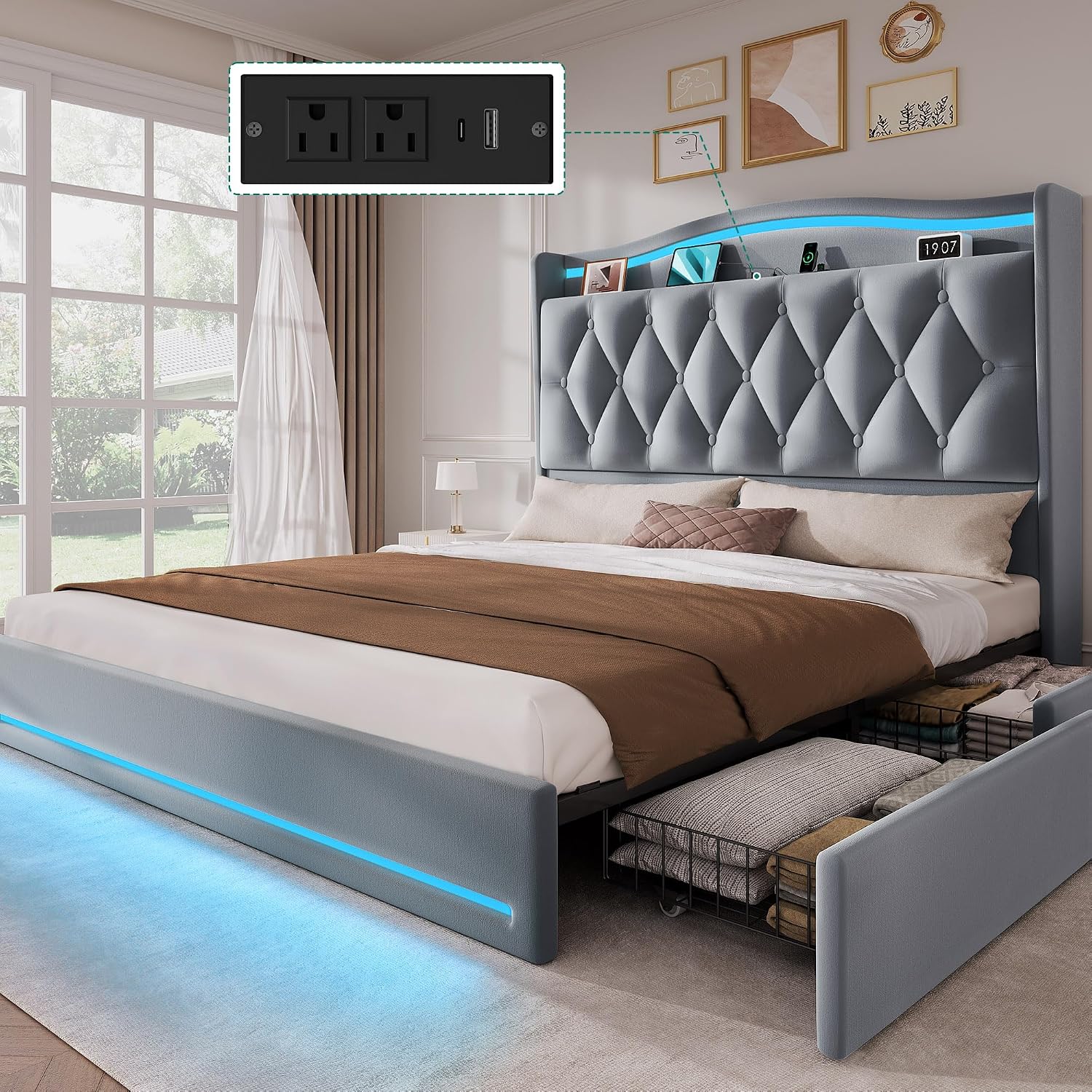 YITAHOME Queen Size Bed Frame with 4 Storage Drawers and RGB LED Lights, 57'' Tall Headboard Velvet Upholstered Bed with Charging Station, No Box Spring Needed, Easy Assembly, Noise-Free, Grey